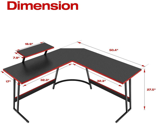 L Shaped Gaming Desk With Monitor Riser 51 Inch Corner Desk