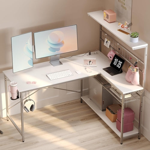 51" L-Shaped Gaming Desk With LED Lights, Power Outlets & USB Ports