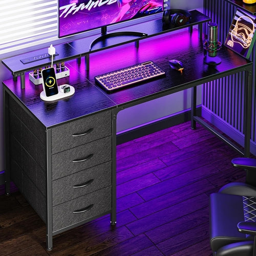47" Gaming Desk With RGB LED Lights, Power Outlets & Storage Drawers