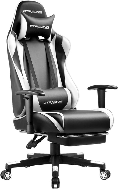 White Ergonomic Gaming Chair With Retractable Footrest & Adjustable Height