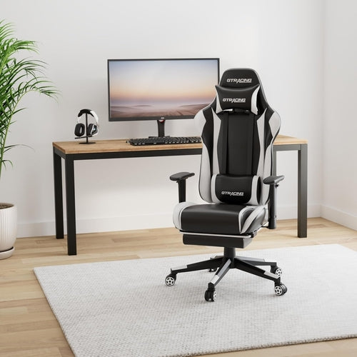 White Ergonomic Gaming Chair With Retractable Footrest & Adjustable Height