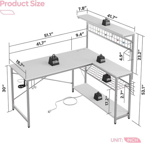 51" L-Shaped Gaming Desk With LED Lights, Power Outlets & USB Ports
