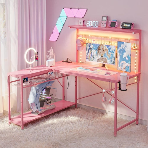 51 Inch L Shaped Gaming Desk Pink With Power Outlets And LED Lights