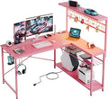 51 Inch L Shaped Gaming Desk Pink With Power Outlets And LED Lights