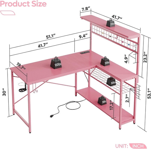 51 Inch L Shaped Gaming Desk Pink With Power Outlets And LED Lights