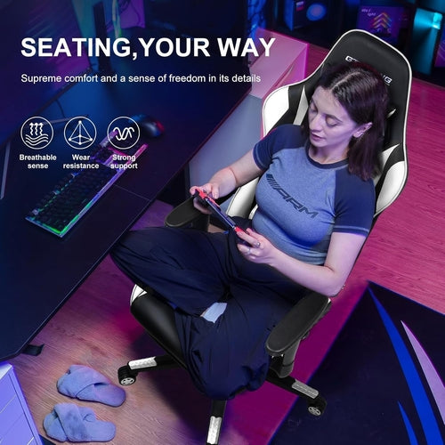White Ergonomic Gaming Chair With Retractable Footrest & Adjustable Height