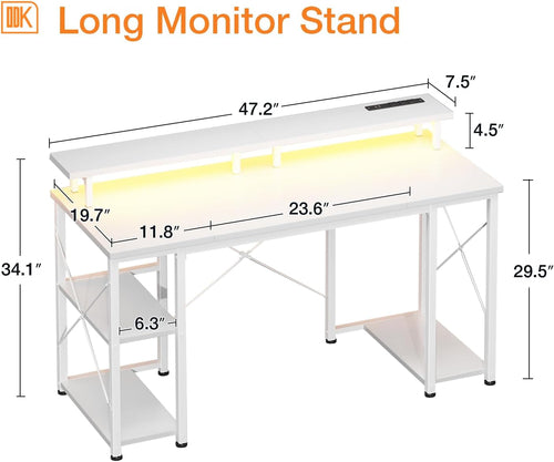 48 Inch LED Gaming Desk With Power Outlets Monitor Stand