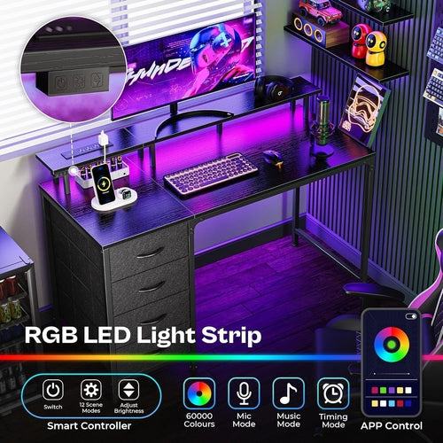 47" Gaming Desk With RGB LED Lights, Power Outlets & Storage Drawers
