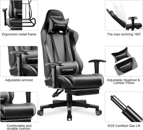 Ergonomic Gaming Chair With Retractable Footrest & 3D Armrests – Gray