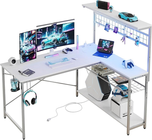 51" L-Shaped Gaming Desk With LED Lights, Power Outlets & USB Ports