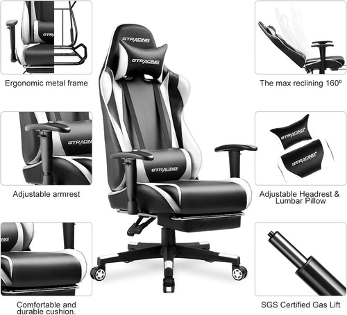 White Ergonomic Gaming Chair With Retractable Footrest & Adjustable Height