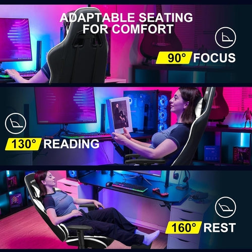 White Ergonomic Gaming Chair With Retractable Footrest & Adjustable Height