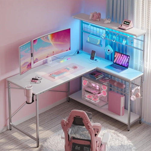 51" L-Shaped Gaming Desk With LED Lights, Power Outlets & USB Ports