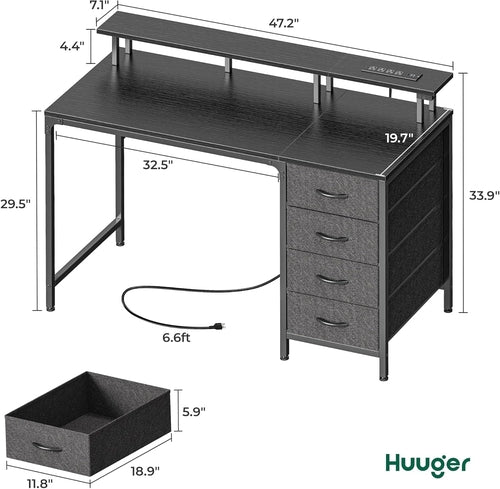 47" Gaming Desk With RGB LED Lights, Power Outlets & Storage Drawers